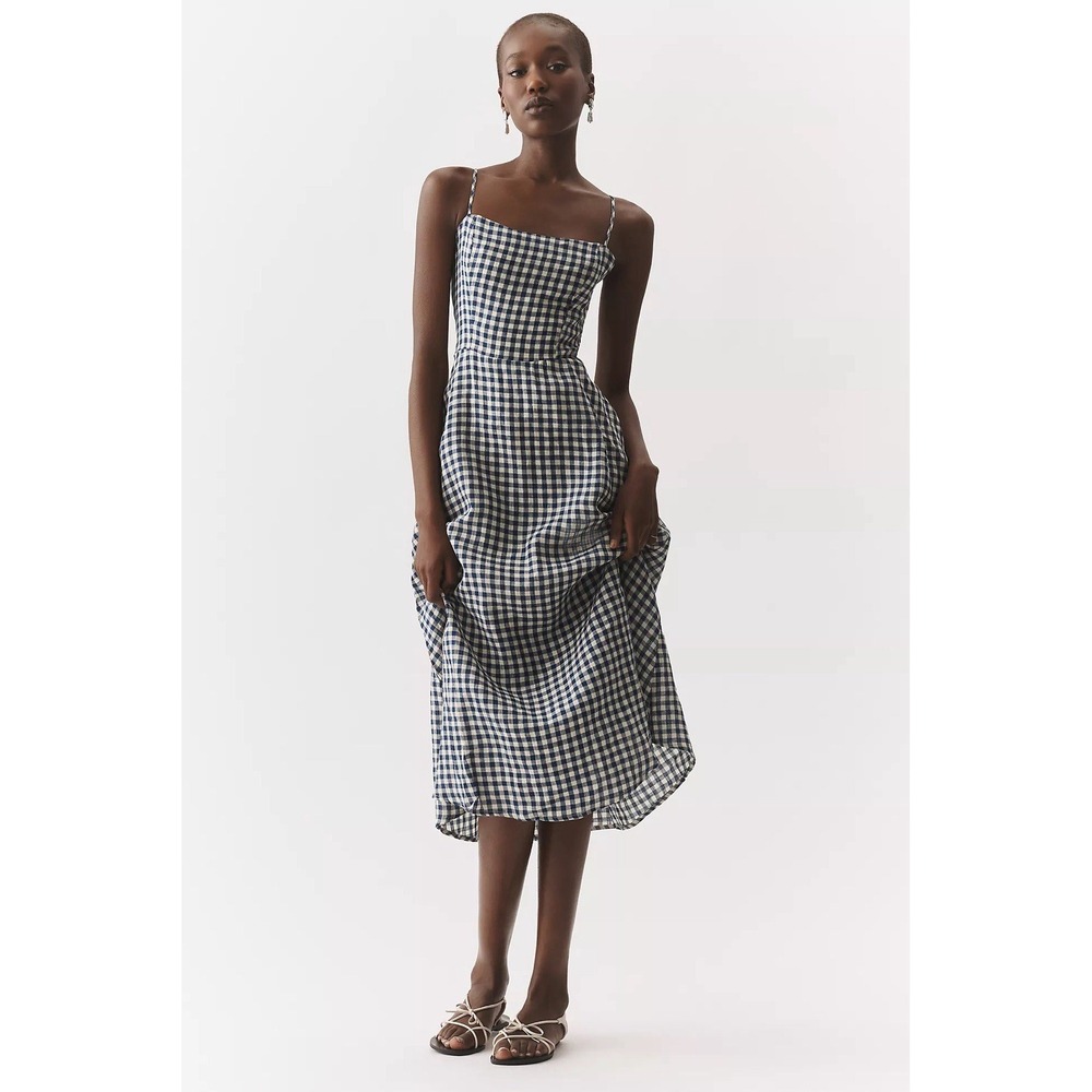 By Anthropologie 100% Linen Strappy GINGHAM Navy Midi Dress MSRP $178 NWT SIZE M